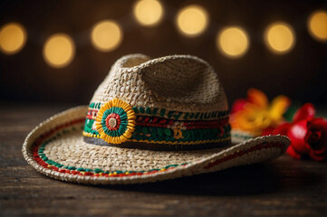 Mexican Cinco de Mayo Hat on the table with bokeh dark background