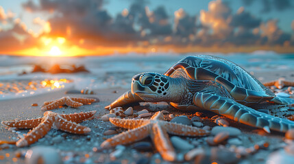 An endangered species of caretta caretta turtles, Sea turtle on a beach at sunset surrounded by starfish. Marine life conservation concept with vibrant colors for environmental awareness campaigns - obrazy, fototapety, plakaty
