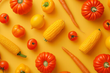 
top view pattern of carrots, pumpkin, yellow bell pepper, corn, yellow tomatoes isolated on dark yellow background
