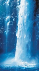 A powerful waterfall in pop art style, cascading water in bold blues, stylized mist