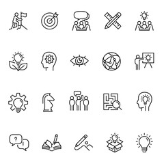 Idea line icons. Creative idea line icon set. Brainstorming, lightbulb, brain, solution