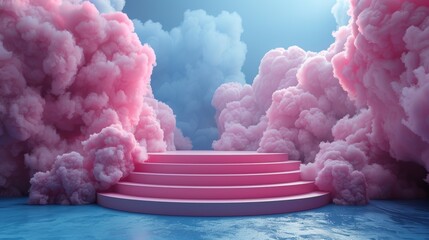 Surreal pink podium surrounded by ethereal clouds