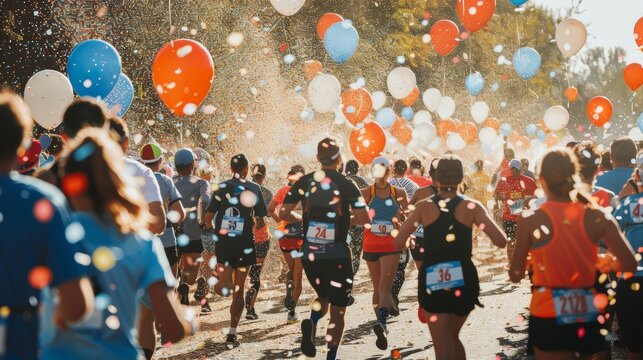 A sea of runners charging forward at the start of a charity marathon
