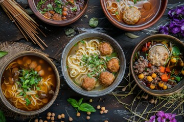 Soup Collection, Noodle, Meatballs and Chickpea Soups on a Rustic Background Top View, Various Broth