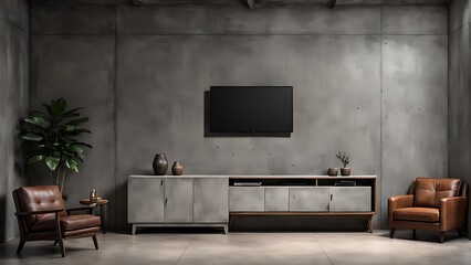 Living room interior have cabinet for tv and leather armchair in cement room with concrete wall