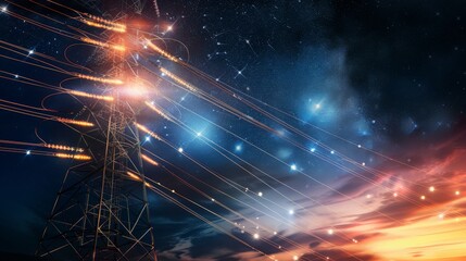 Concept of power supply, voltage management, and technological advancement. Electricity transmission towers with glowing orange wires against a starry night sky, depicting energy infrastructure