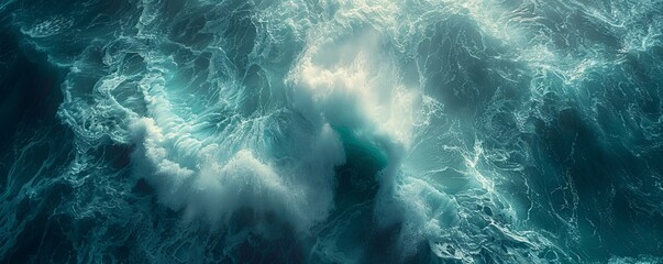 Aerial perspective of rolling ocean waves, capturing the dynamic movement and vastness of the sea. - obrazy, fototapety, plakaty