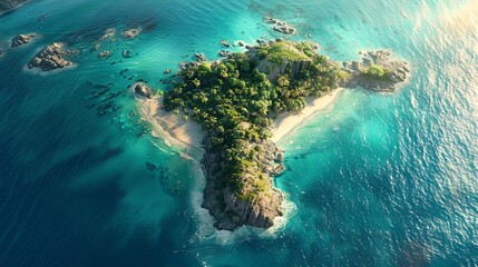 Bird's-eye perspective of a tropical island chain surrounded by turquoise waters, offering a sense of serenity and escape.