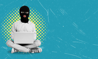 Art collage, masked man, crook, and thief with a laptop.
