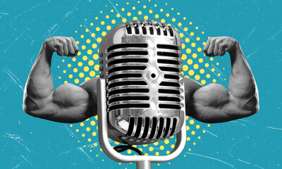 Artistic modern collage with strong Hands with the microphone on a blue background.