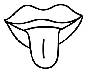 Hand drawn lips with tongue icon in simple doodle style. Woman mouth with lines. Monochrome design