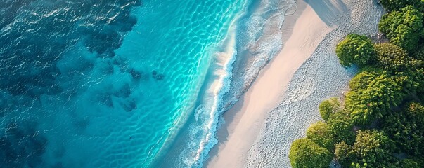 Drone view of a pristine beach with turquoise waters and white sand, conveying a sense of paradise and relaxation.