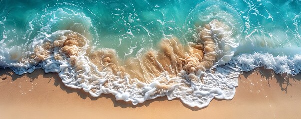 Overhead view of crystal-clear waves lapping against a tropical beach, perfect for tranquil and serene concepts. - obrazy, fototapety, plakaty