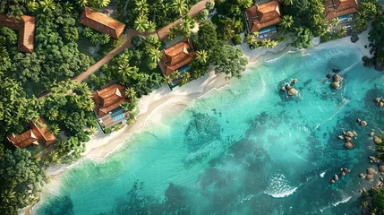 Fotobehang Top-down perspective of a tropical resort with palm-lined beaches and azure waters, perfect for vacation and travel concepts. © taelefoto