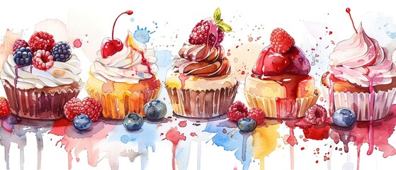 watercolor Desserts and Sweets: Cakes, cookies, ice cream, and other sweet treats are visually appealing and widely used in marketing.