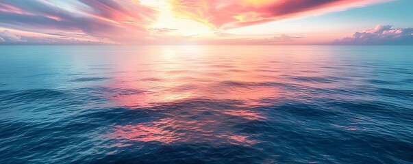 Top-down shot of a calm ocean surface reflecting the colors of the sky during sunset, ideal for peaceful and reflective themes. - obrazy, fototapety, plakaty