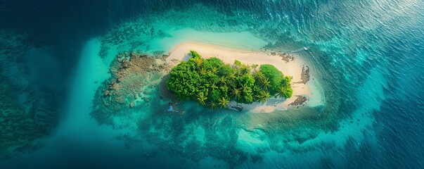 Aerial perspective of a secluded tropical island surrounded by azure waters, offering a sense of escape and tranquility. - obrazy, fototapety, plakaty