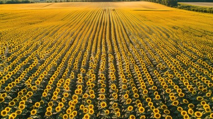 Aerial perspective of a sunflower field with intricate crop patterns, resembling a giant work of abstract art