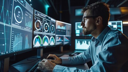 Data analytics and insights powered by big data and artificial intelligence technologies. Data scientist working with complex information analysed by AI for business analytics dashboard with charts.