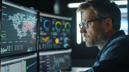 Data analytics and insights powered by big data and artificial intelligence technologies. Data scientist working with complex information analysed by AI for business analytics dashboard with charts.