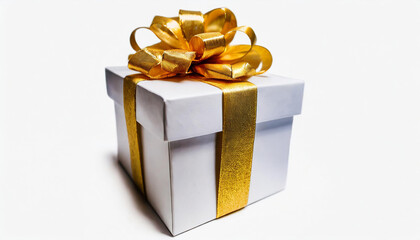 White gift box with gold ribbon. Isolated on a white background.