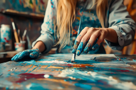 A woman painting with paint on her hands.