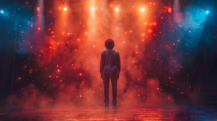 Fototapeta premium Man on stage with star on background.