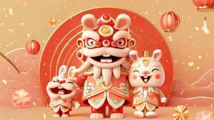 CNY illustration showing bunnies dressed in lion dancing costumes with money behind. Text reads: Auspicious year of the rabbit.