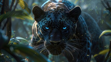 Exotic Animal Wallpaper of Black Panther, Enchanting Black Panther with Deep Blue Eyes in Natural Setting