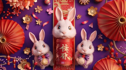 CNY year of the rabbit poster. Paper scroll composition surrounded by festive Asian style decorations. Text: Jade rabbits welcome spring. 2023. - Powered by Adobe
