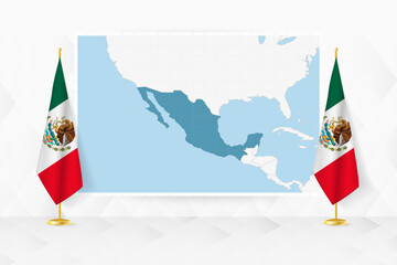 Map of Mexico and flags of Mexico on flag stand. - 782028653