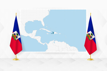 Map of Haiti and flags of Haiti on flag stand. - 782028676