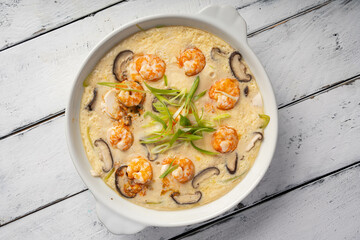 steamed egg with shrimp, shitake mushroom and soft tofu