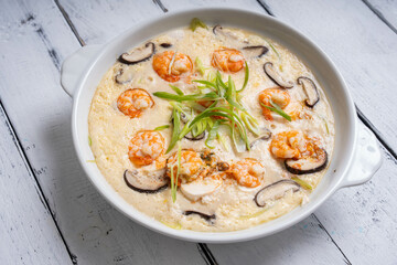 steamed egg with shrimp, shitake mushroom and soft tofu