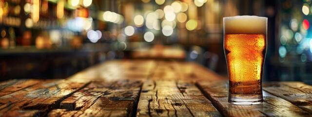 Glass of  beer on wood table in pub. Blur backround. Copy space. Banner.  - obrazy, fototapety, plakaty