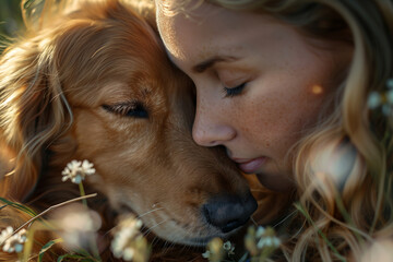 Woman hugs her dog. Close-up portrait. Concept of love to pet or adoption.