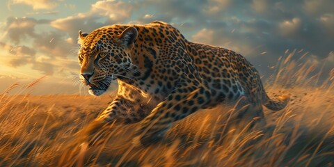Dynamic Wildlife Scene with Running Leopard, Golden Hour Leopard Sprint in Rustic Grassland Setting - obrazy, fototapety, plakaty