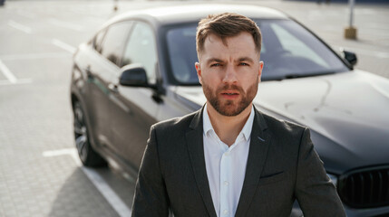 Focused portrait, against vehicle. Businessman in suit is near his black car outdoors