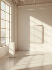 Modern loft art museum with a frame on a white wall, mockup oak frame - obrazy, fototapety, plakaty