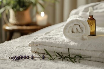 Close-up on a massage table, a folded towel, a bottle of essential oil, and a single sprig of lavender create a welcoming atmosphere