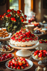 Table full of desserts and strawberries.