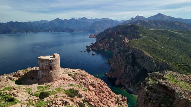 Aerial shot of the Genoese tower at Capo Rosso in Corsica with a 4K drone