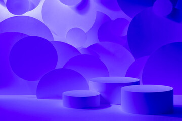 Abstract scene for presentation cosmetic products mockup - three round podiums in gradient blue violet glowing light, circles flying, decor. Template for showing, displaying in futuristic vr style. - 782030817