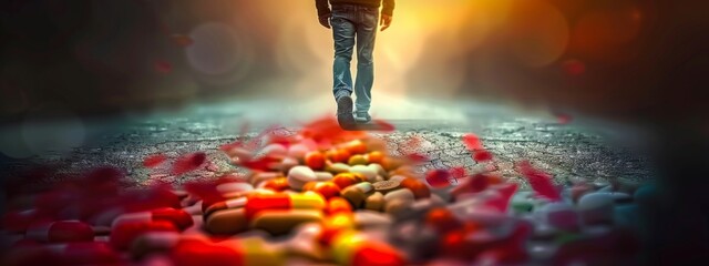 conceptual image depicting journey of overcoming drug and opioid addiction, symbolizing struggle and success of becoming free from grip of prescription pills and substance abuse.