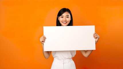 Asian woman holding blank white paper the text withhappy smile face.