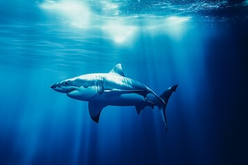 Fototapeta premium Great white shark swimming in the blue ocean with sun rays piercing through the water, AI-generated.