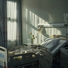 An ultra-realistic photograph captured with a Sony α7 III camera, equipped with an 85mm lens at F 2.8 aperture setting, portraying a hospital bed. Soft light gracefully illuminates.