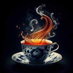Hot tea cup with splashing tea isolated in dark background