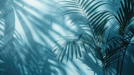 Blurred shadow from palm leaves on the light blue wall. Minimal abstract background for product presentation.