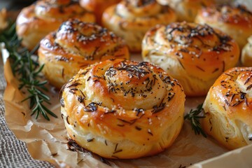 Homemade baked rosemary buns on baking parchment